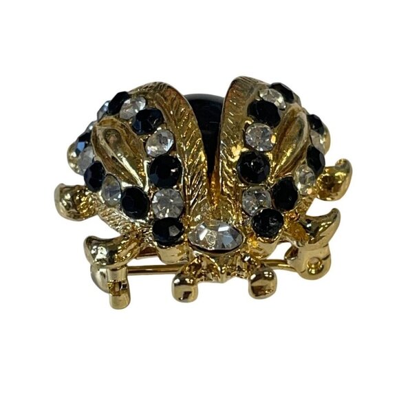 Vintage-Inspired Gold & Rhinestone Ladybug Brooch Pin Black & Clear Stones - Picture 3 of 5